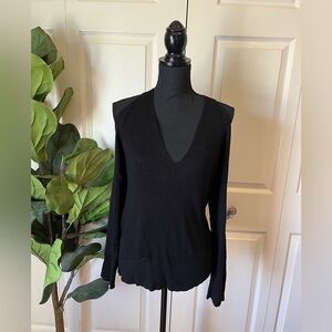 Anthropologie Black Ribbed V-Neck Long Sleeve Cold shoulder  Sweater